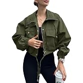 Tankaneo Womens Cropped Jacket Zip Up Lightweight Oversized Utility Anorak | Casual,Trench Coat with Pocket,Military,Drawstring,Stand Collarm,Sport Active,Y2K,Zipper&amp;snap clousure,Chic Outerwear,Trendy