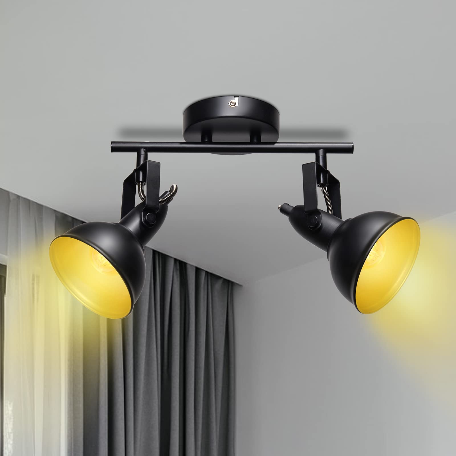 Unikcst LED Ceiling Light Rotatable 2 Way Retro Spot Lighting Ceiling Industrial Wall Lights Black for Kitchen Living Room Bedroom (No Bulbs)