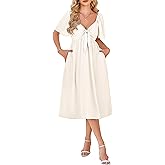 Kikibell Summer Dress for Women Casual Short Sleeve Bow Tie V Neck Smocked High Waist A-Line Flowy Midi Dress with Pockets