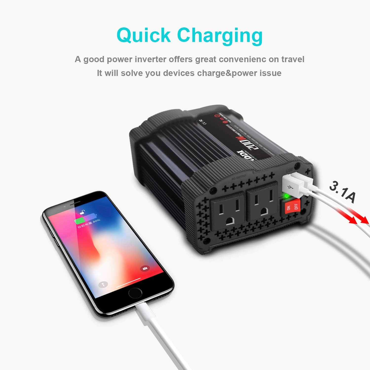 NDDI 200W Car Power Inverter 12V DC to 110V AC Converter with 3.1A Dual USB Quick Car Charger Adapter(Black): Car Electronics
