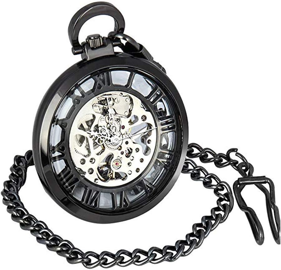 Vintage Mens Open Face Pocket Watch Steampunk Skeleton Mechanical Hand Wind Movement with Chain + Box