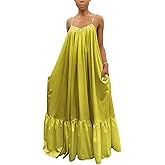 Adogirl Women's Sexy Spaghetti Strap Sleeveless Ruched Ruffle Hem Bandage Oversized Beach Loose Long Maxi Swing Dress
