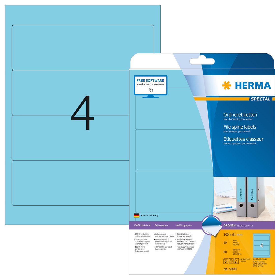 HERMA Self Adhesive Lever Arch File Labels, 4 Labels Per A4 Sheet, 80