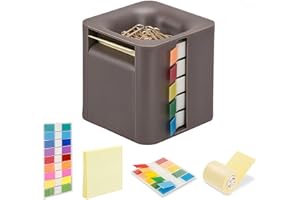 YIOEKAA 5-in-1 Sticky Note Holder & Dispenser with Magnetic Paper Clip Holder,3x3 Pop-Up Note & Annotation Labels,Full Adhesive Note Roll - Refillable Desktop Organizer for Office, Study Room(Brown)