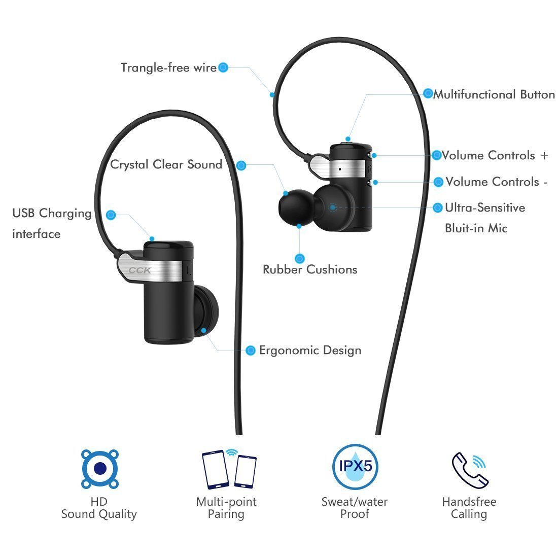 Bluetooth Headphones CCK Wireless Earbuds Sports Best Running Earphones Hi-Fi Stereo Noise Cancelling Sweatproof for Gym Workout Exercising Fashionable In Ear Headsets Computer iphone Android Black
