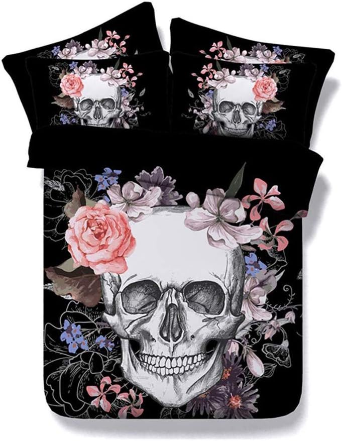 Shamdon Home Collection 3D Print Floral Skull Duvet Cover Sets, Halloween Rose Flower Skeleton Bedding Set With Pillowcase