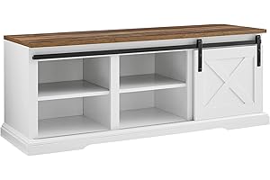 Walker Edison Rustic Farmhouse Sliding Barn Door Shoe Cabinet Storage Indoor Bench with 3 Shelves, 48 Inch, White/Rustic Oak