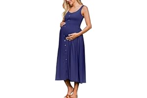 OUGES Womens Maternity Dress Scoop Neck Casual Sleeveless Button Down Pregnancy Clothes Midi Sundress with Pockets 2025