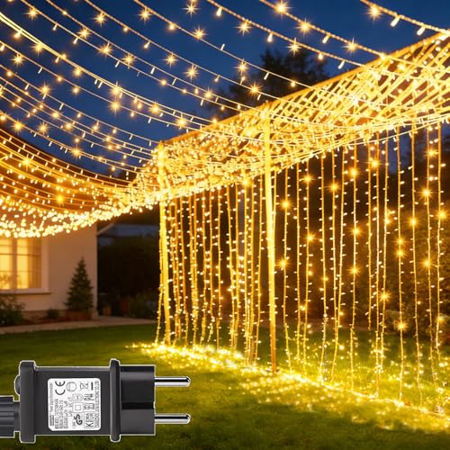 yowin 6 m x 3 m 600 LED Waterfall Lights Waterproof IP65 with Timer, 8 Modes Tent Lights with Socket for Wedding, Gazebo, Window, Wall, Garden – Warm White