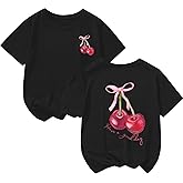 BINTEHGS Girls Cute Graphic Tees Kids Bow Cherry Shirt Aesthetic Short Sleeve T Shirts Casual Summer Crew Neck Top Clothes