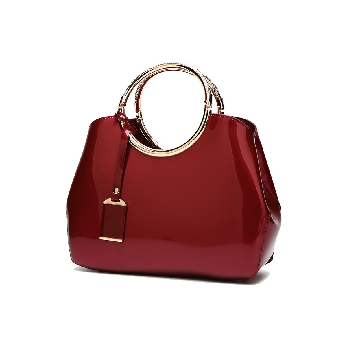 Coolives Womens Ring Handle PU Patent Leather Handbag Burgundy