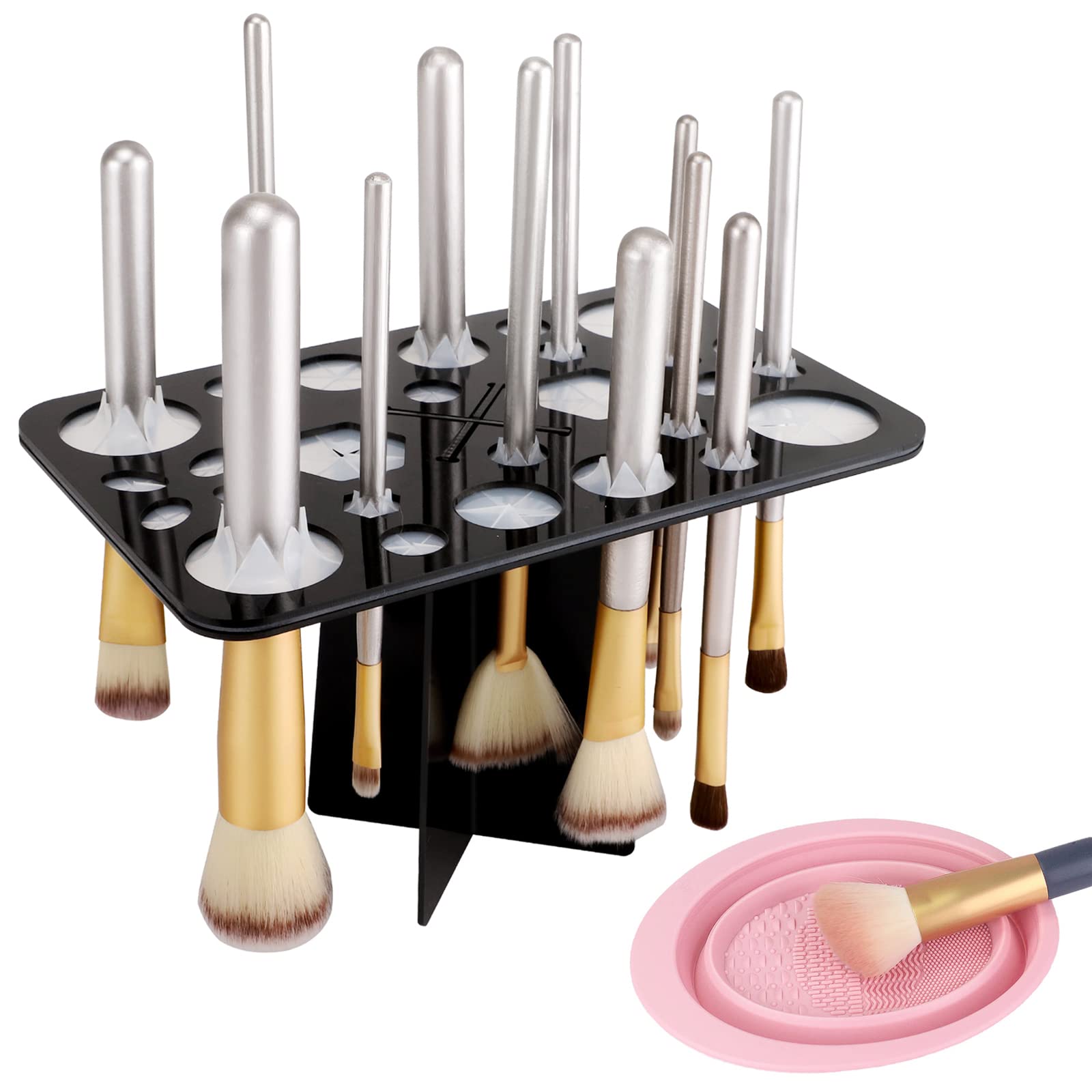 QUMENEY 28 Hole Makeup Brush Drying Rack & Cleaning Mat - Foldable Acrylic Brush Holder - Black & Pink