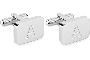 18K White-Gold Plated Initial Engraved Stainless Steel Men’s Cufflinks With Gift Box -Personalized Alphabet Letter’s A-Z By Lux & Pair