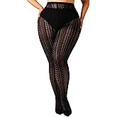ANNTXL Stripe Lace Pattern Plus Size Tights High Waist Velvet Pantyhose Lace Fishnet Stockings Leggings