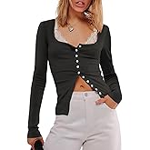 Outfeel Women Ribbed Knit T-Shirt Tops Long Sleeve Button Down Stretchy Slim Fit Scoop Neck Blouse