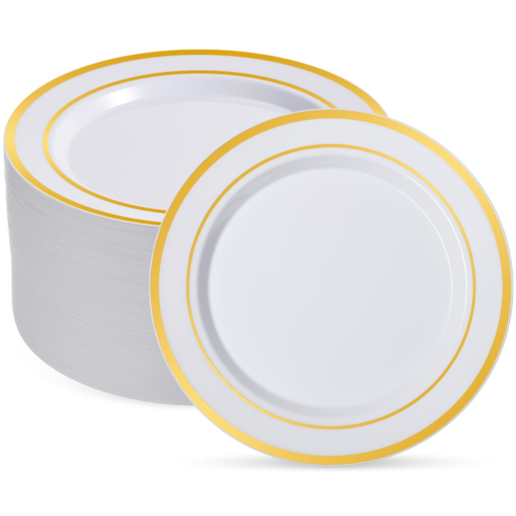 Photo 1 of Goodluck 100PCS Gold Plastic Plates, 10.25 Inch Dinner Plate with Gold Rim, Heavy Duty Disposable Plastic Plates for Party, Wedding, Birthday & Daily Use