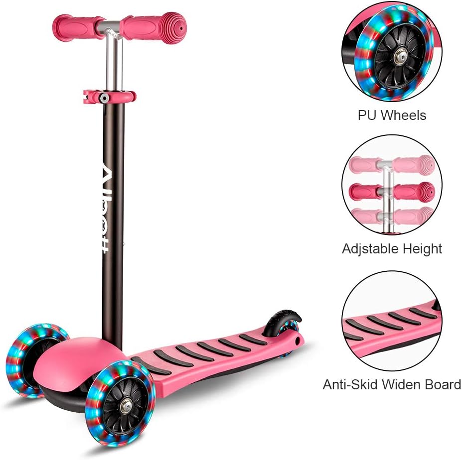 Albott 3 Wheels Kick Scooter for Kids Toddlers Scooter with PU LED Flashing Wheels, Lean to Steer, Adjustable Height for Children Boys & Girls from 3 to 10 Year Old