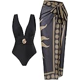 SherryDC One Piece Swimsuit with Cover up Wrap Skirt Sarong Floral Print Plunge V Neck Bathing Suit for Women