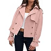 Tankaneo Womens Cropped Trench Coat Oversized Double Breasted Lapel Long Sleeve Short Jacket Fashion Outerwear