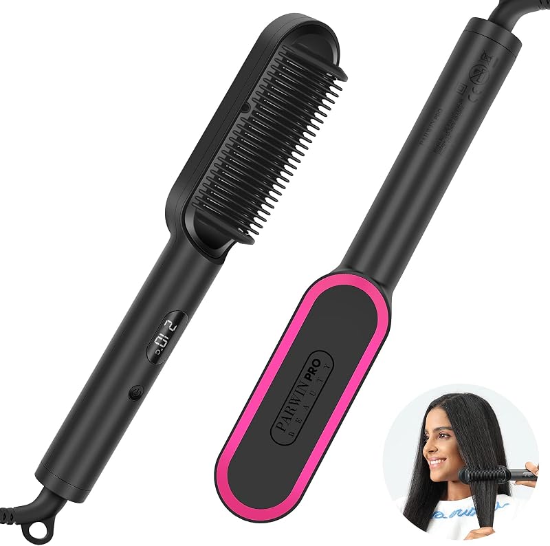 PARWIN PRO BEAUTY Ionic Hair Straightener Brush 4 Heat Settings LED Keratin