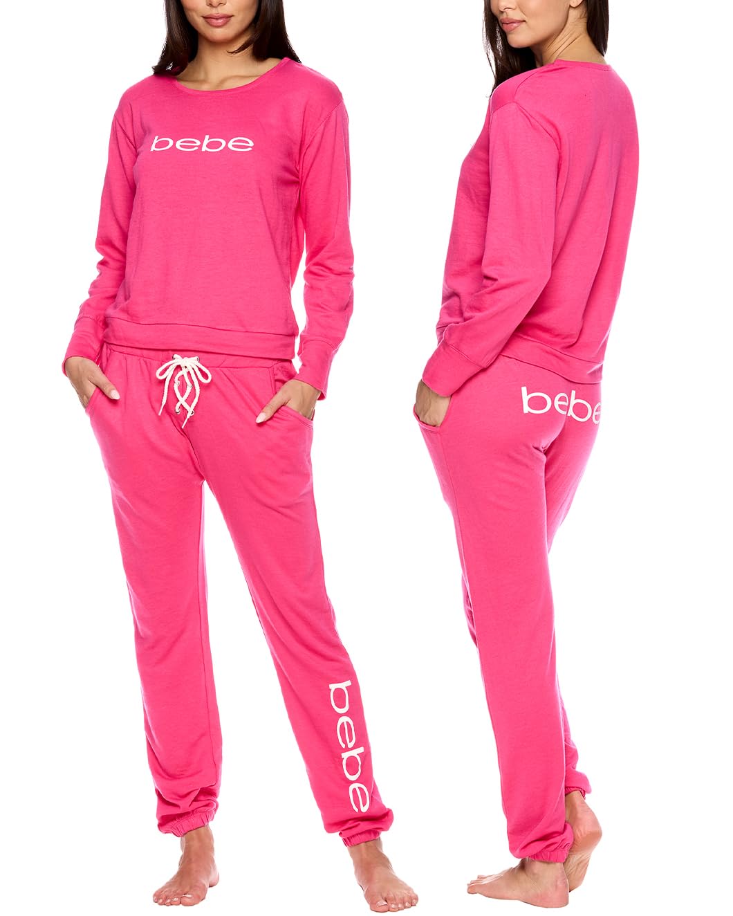 bebe Womens Pajama Sets - French Terry Pajamas Long Sleeve Pullover Top and PJ Pants with Pockets - Sleepwear for Women (Fuchsia, Large)