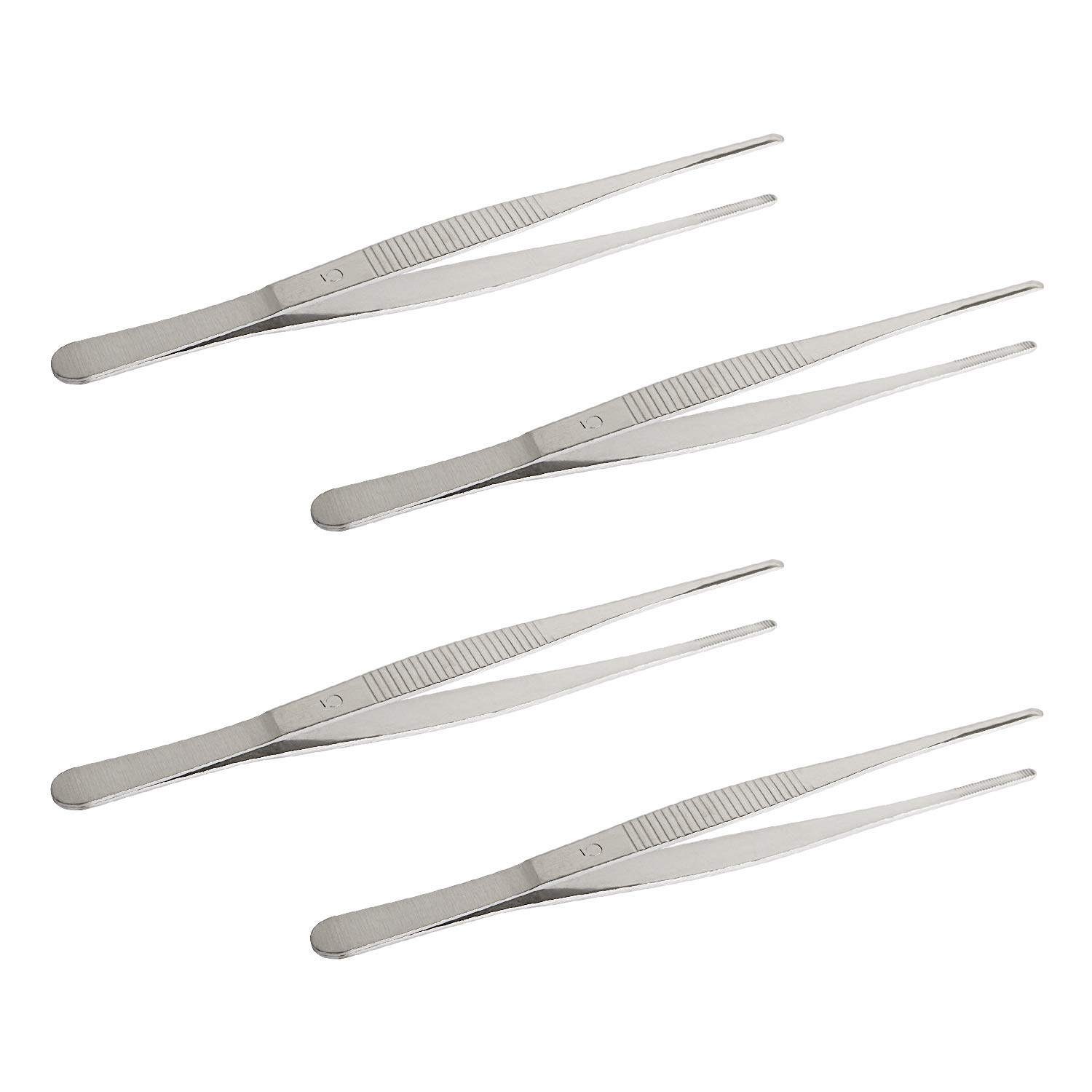 Aoje-Link Stainless Steel Straight Blunt Tweezers, with Precision Horizontal Serrated Tips, Used for Repairs, Barbecues, Auxiliary Tools, Silver, 4pcs