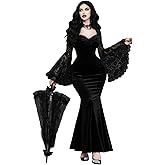 GothDark Gothic Dresses for Women Black Velvet Mermaid Lace Bell Sleeve Sweetheart Neckline Sexy Halloween Cosplay Long Dress