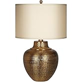 Franklin Iron Works Maison Loft Rustic Farmhouse Table Lamp 27" Tall Hammered Antique Brass Cream Linen Drum Shade for Living