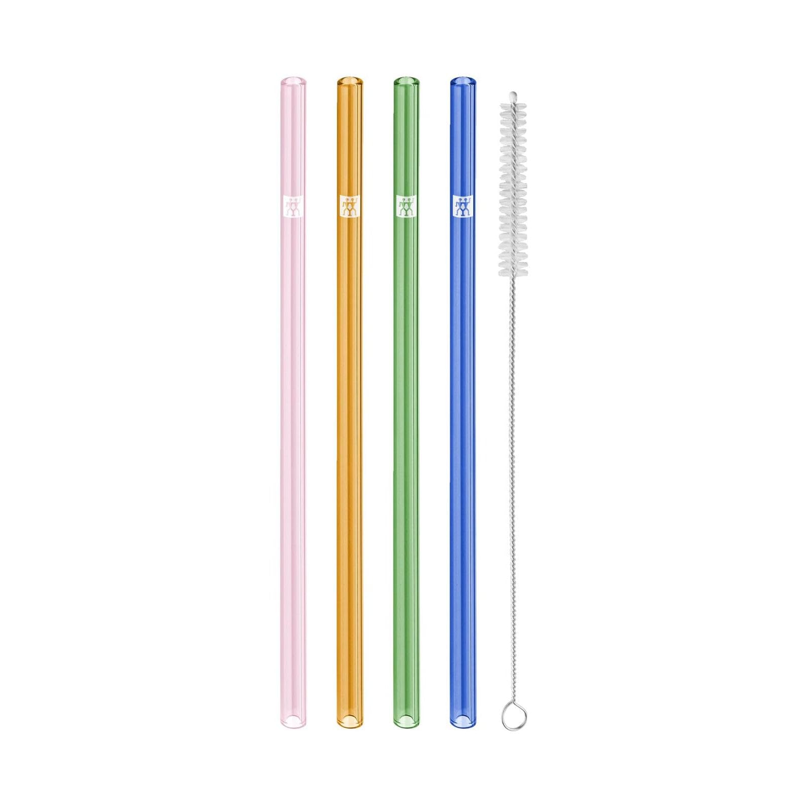 ZWILLING Sorrento Glass Straws Sustainable and Reusable Borosilicate Glass for Cold and Hot Drinks, Pack of 4, Length: 23 cm, Straight Shape, Colour: Multicoloured, Includes Cleaning Brush