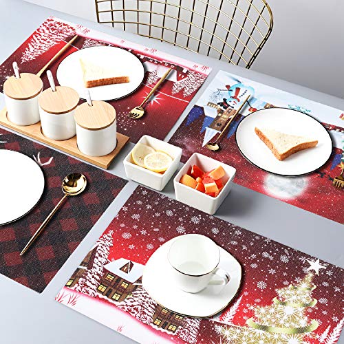 Homing Christmas Placemats for Dining Table Set of 6, Insulation Gold Xmas Tree Red Winter Landscape Holiday Place Mats for Kitchen Decor, Washable Heat-Resistant, 12x18 Inch