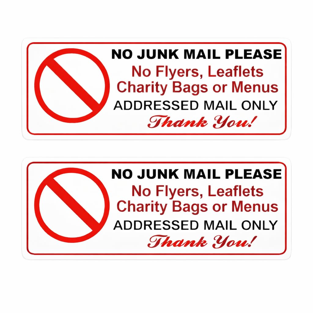 No Junk Mail Sticker for Door or Letterbox – Addressed Mail Only Sign – No Flyers Leaflets Charity Bags or Menus – Self Adhesive Vinyl Door Sticker – 150 x 50 mm – Pack of 2