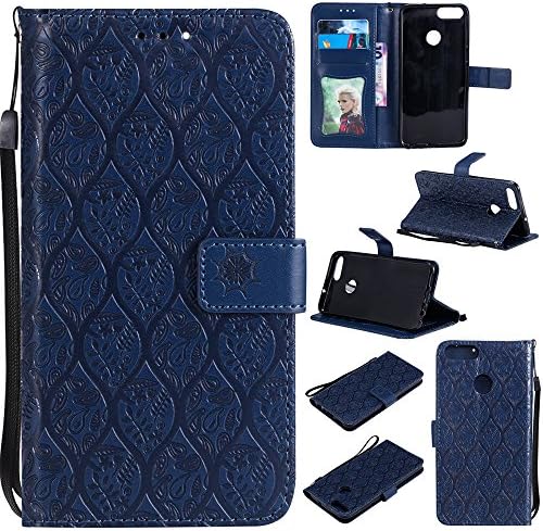 ESSTORE P Smart/Enjoy 7S Case, EST Premium Vegan Leather Elegant Rattan Flower Floral Pattern Slim Flip Wallet Case with Wrist Strap for Huawei P Smart/Enjoy 7S, Dark Blue