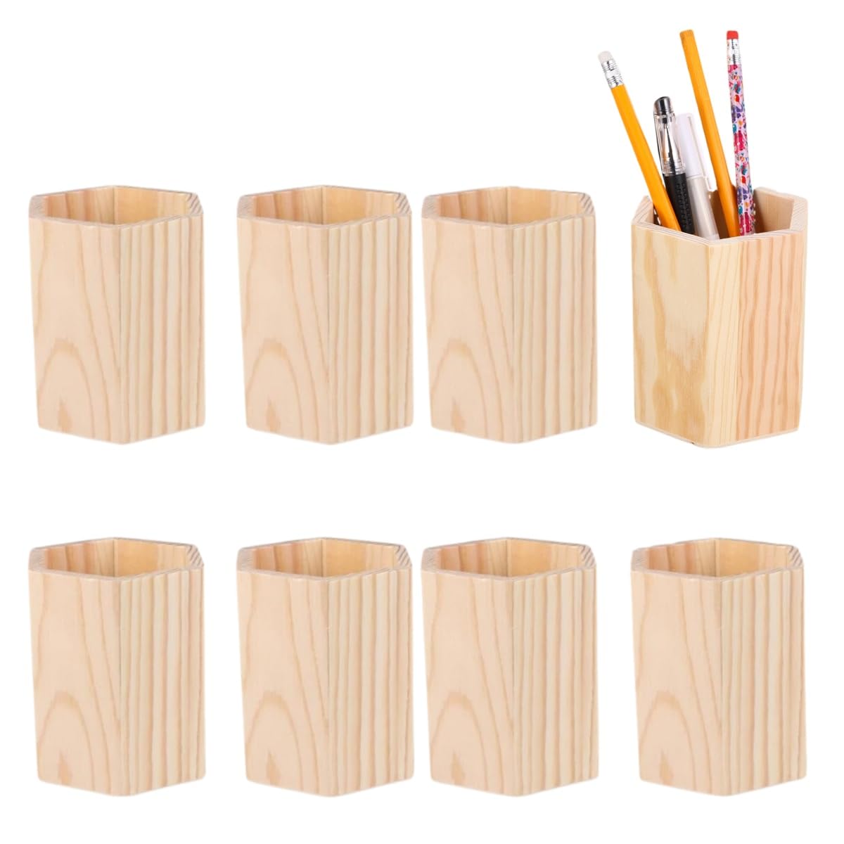 COHEALI Wooden Pen Holder for Desk - 8PCS Hexagon Pencil Pot Stationery Organiser 10 X 8 CM Unfinished Wood Pencil Holder for Office Home Classroom Storage DIY Graffiti Craft Cup