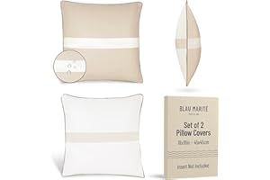 Blau Marité Set of 2 Outdoor Pillow Covers Waterproof - Decorative Patio Throw Pillows Cover for Outdoor Furniture - Accent Pillow for Porch, Garden, Deck & Backyard (Beige and White,18" x 18")