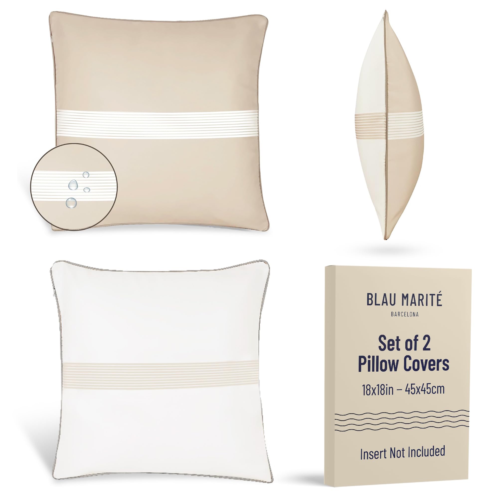 Photo 1 of Blau Marité Set of 2 Outdoor Pillow Covers Waterproof - Decorative Patio Throw Pillows Cover for Outdoor Furniture - Accent Pillow for Porch, Garden, Deck & Backyard (Beige and White,18" x 18")