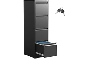IKIMI 4 Drawer File Cabinet,Metal Filing Cabinets with Lock,Black Vertical File Cabinet for Home Office,Heavy Duty Metal Storage Cabinet for A4/Letter/Legal Size File,Assembly Required