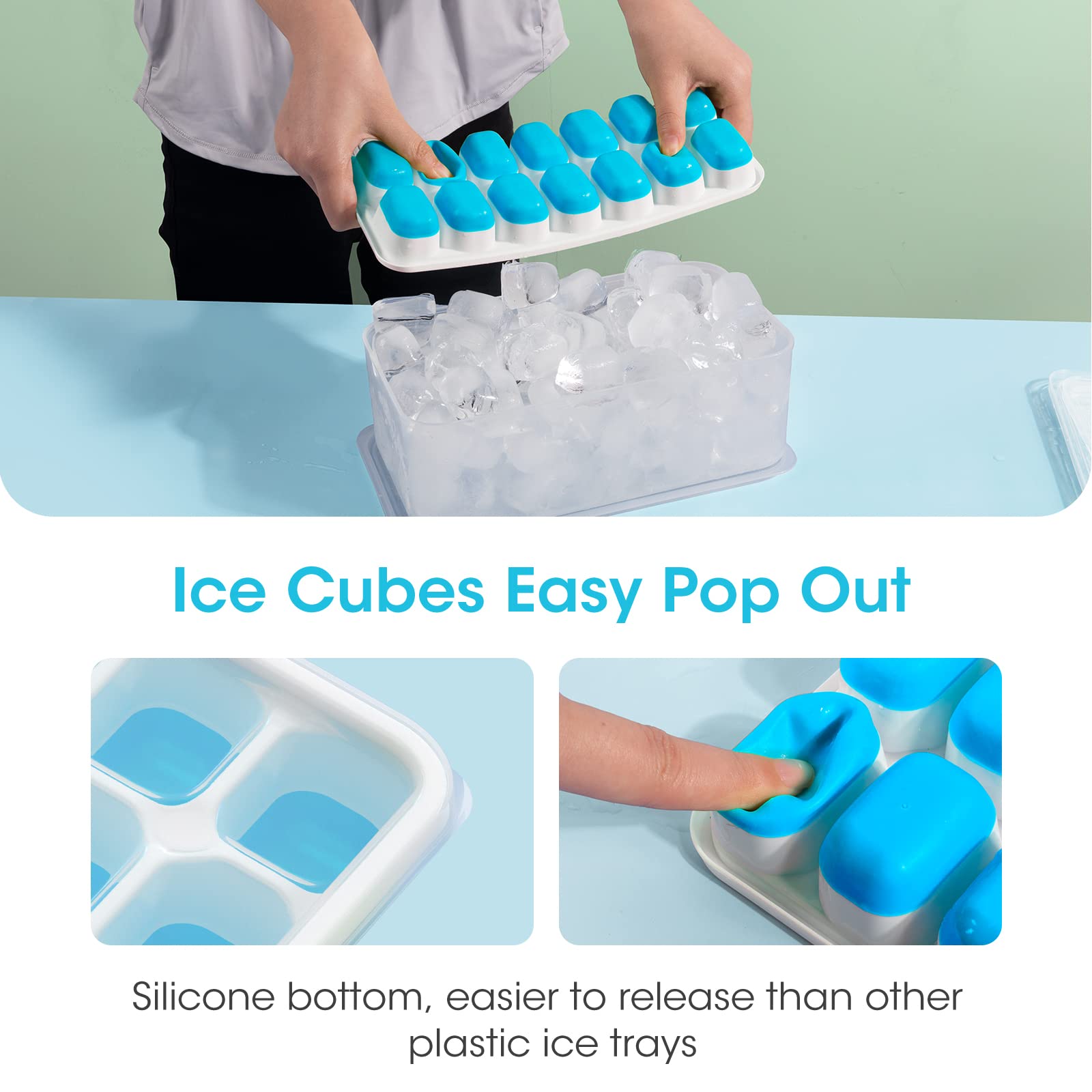 DOQAUS Ice Cube Tray with Lid and Bin, 4 Pack Silicone Plastic Iced Cubes Trays for Freezer with Box/Container, Stackable with Storage Ices Bucket, Tong, Scoop, for Baby Food, Cocktail, Coffee