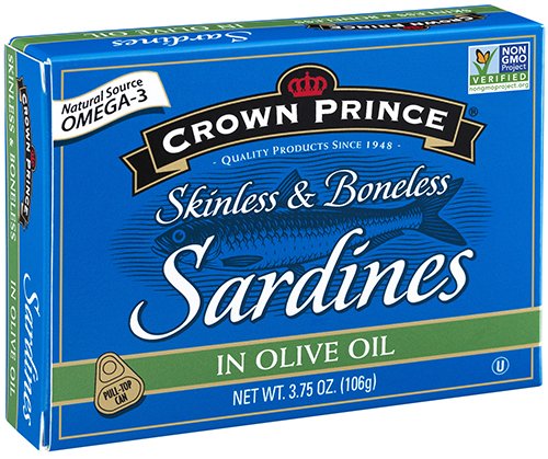 Crown Prince Skinless & Boneless Sardines in Olive Oil, 3.75-Ounce Cans (Pack of 12)