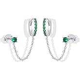 PAVOI 14K Gold Chain Earrings for Women | Double Piercing Dangle Chain Huggie Hoop Earrings | Cubic Zirconia Pearl Stud Ear Cuff Earrings for Women