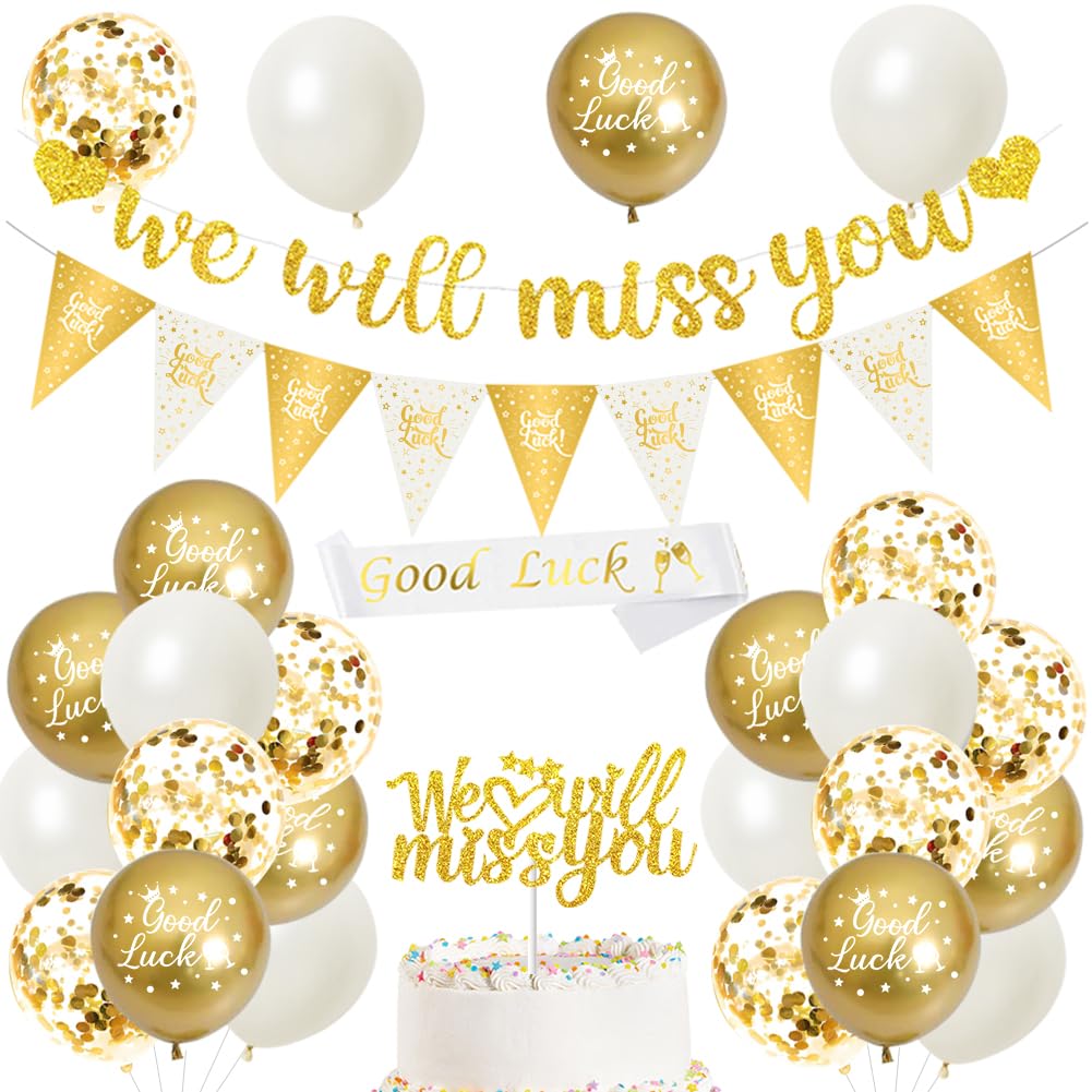 We Will Miss You Banner Leaving Party Decorations with Good Luck Balloons Triangle Flag Banner Good Luck Sash Cake Topper for Retirement Graduation Going Away Farewell Decorations (Gold)