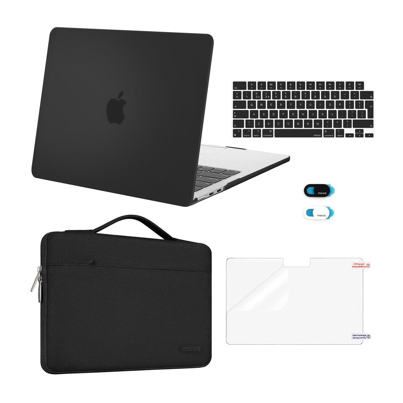 MOSISO Compatible with MacBook Air 13 inch Case M5 M4 M3 M2 2026-2022 A3449 A3240 A3113 A2681, Hard Shell&Sleeve Bag&Keyboard Skin&Webcam Cover&ScreenFilm for MacBook Air 13.6 Case, Black