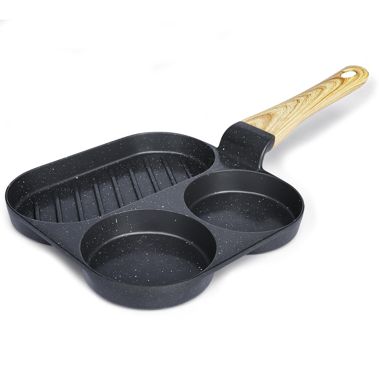 GiPP Non Stick Egg Pan, 3-Cup Granite Omelette Pan Skillet for Breakfast, Pancake Skillet with Heat-Resistant Handle, Compatible with All Stovetops, Easy to Clean, PFOA Free (Grey, 3-Hole)