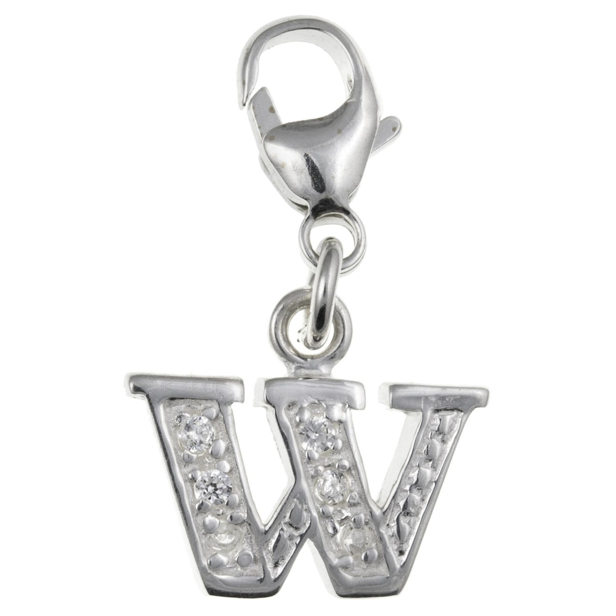 Capital Letter W Alphabet Initial 925 Sterling Silver Clip On Charm Pendant with CZ Cubic Zirconia Stones for Women - Letter Charms Compatible with Thomas Sabo Charms Bracelet Necklace