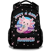FLEXIMX Axolotl Backpack for Girls, 16 Inch Black Backpacks for School, Cute Lightweight Bookbag for Kids