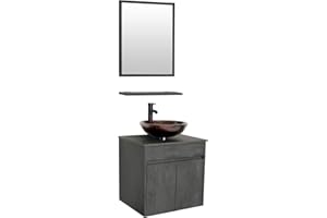 eclife 24" Bathroom Vanity Sink Combo Wall Mounted Concrete Grey Cabinet Vanity Set Brown Round Tempered Glass Vessel Sink Top, W/ORB Faucet, Pop Up Drain & Mirror (A09E03CC)