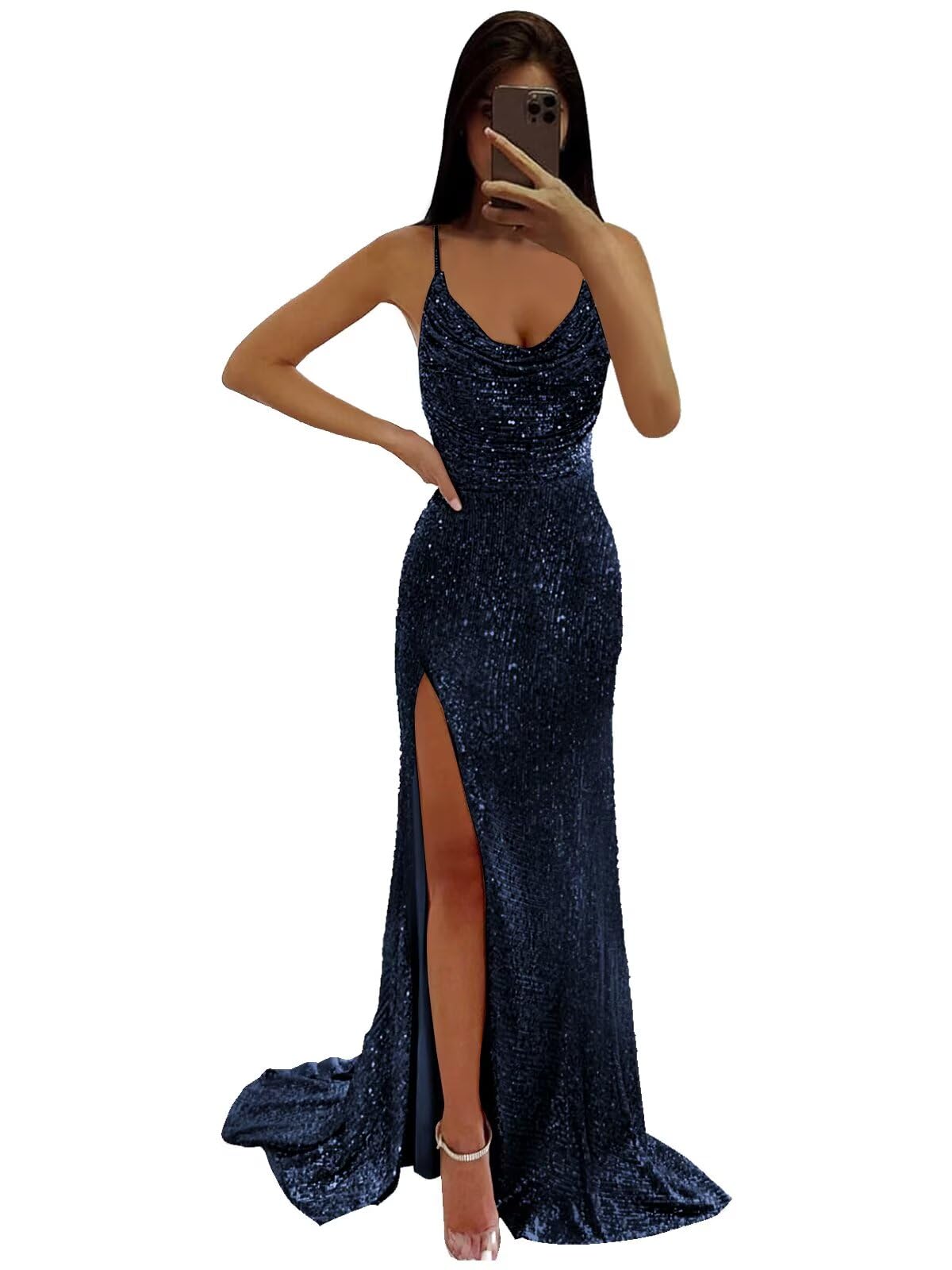 Photo 1 of ZPVP Prom Dresses for Women 2025 Mermaid Open Back Bodycon Sequin Backless Formal Homecoming Dress Navy Blue Size 12