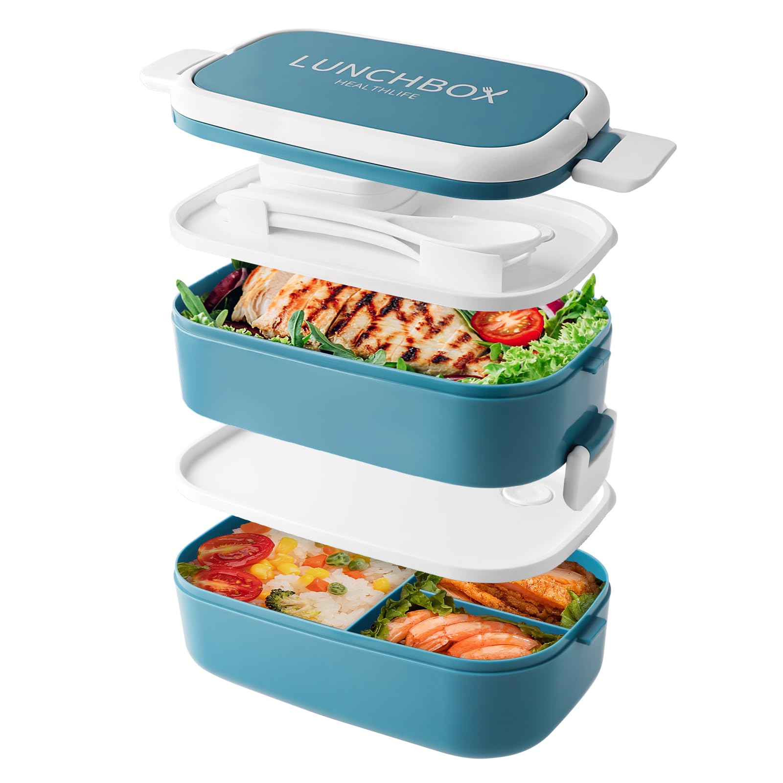 Beeptrum Bento Lunch Box Stackable,1400ml Containers with 4 Compartments and Cutlery, Leakproof 2 Layer Boxes, for Adults Kids Office, Microwave Dishwasher Safe (Blue)