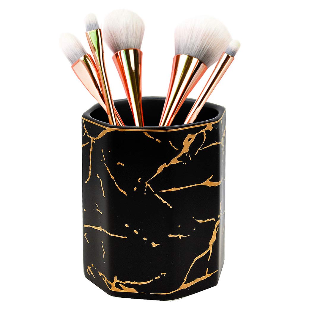 SIPLIV Ceramic Golden Thread Pencil Holder Pen Containers Desk Organizer Makeup Brush Holder for Office Classroom Home - Square, Black