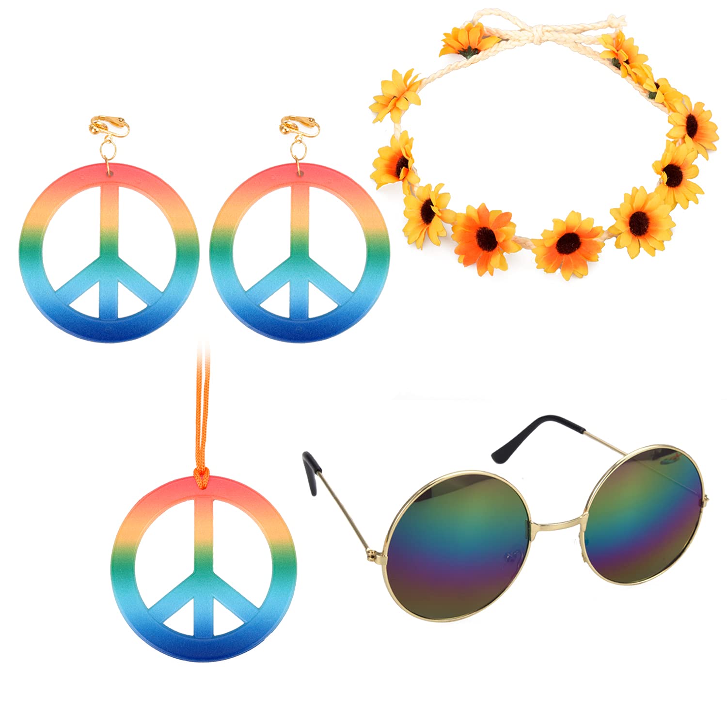 Euvoym 4 Pieces Hippie Costume Set Hippie Accessories Hippie Glasses Hippie Style Peace Sign Necklace Earrings Hippie Headband Hippie 60s Party Accessory Kit