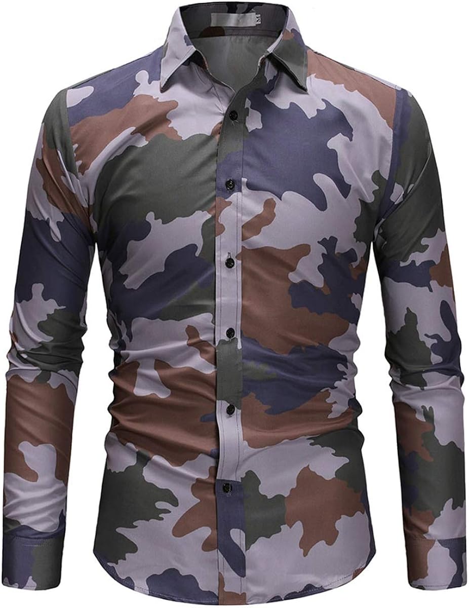 Mens Long Sleeve Camo Print Button Down Shirt Military Regular Fit